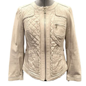 Tory Burch Soft Beige Quilted Leather Jacket Gold Full Zip Womens Size XS